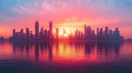 Fototapeta premium Futuristic City Skyline at Sunset Vibrant Colors with Skyscrapers Reflected in Water