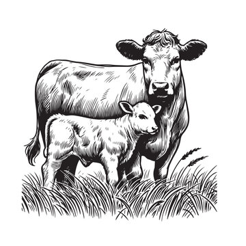 cow calf standing grass black white clip art preview