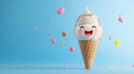 Happy cartoon ice cream cone with sprinkles on a blue background.