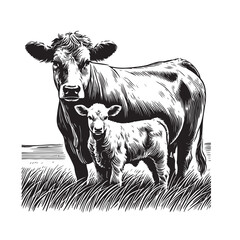 Cow and calf line art illustration