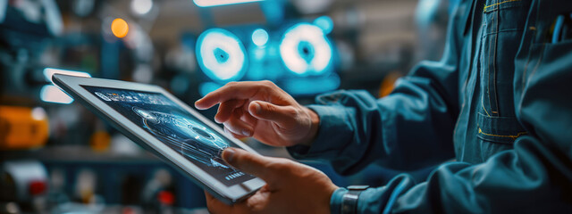 Mechanic uses advanced diagnostic tablet with holographic interface to analyze vehicle performance in a modern garage