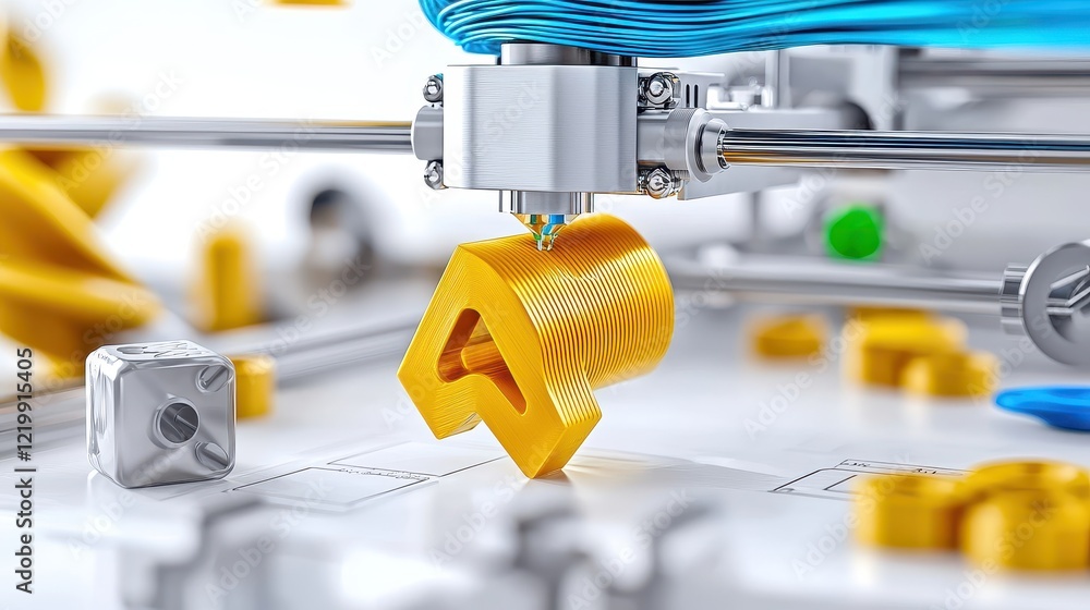 Poster a close-up of a 3d printer extruding a vibrant yellow object, surrounded by colorful filament and ot