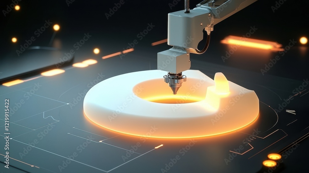 Poster a futuristic robotic arm is precisely shaping a glowing, circular object, highlighting advanced tech