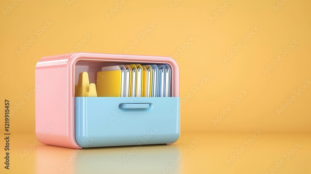 Poster a colorful drawer organizer displaying utensils against a vibrant yellow backdrop, showcasing modern