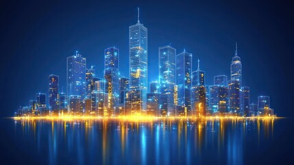 Fototapeta premium A glowing, digital cityscape with skyscrapers reflecting in a calm, dark water.