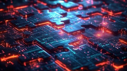 Neon Circuit Puzzle Pieces Representing Microservices Integration in Cyberpunk Style