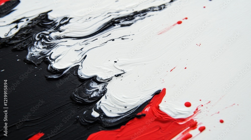 Poster a close-up of textured paint strokes in black, white, and red, creating an abstract, dynamic composi