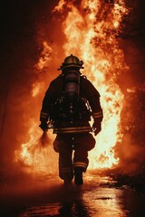 A brave firefighter sprays water to extinguish a large fire, wearing protective gear created by ai