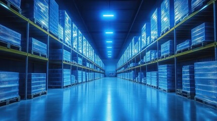 Futuristic Temperature-Controlled Refrigerated Warehouse Interior with Ambient Lighting and Transparent Pallets