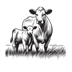 Cow and calf line art illustration