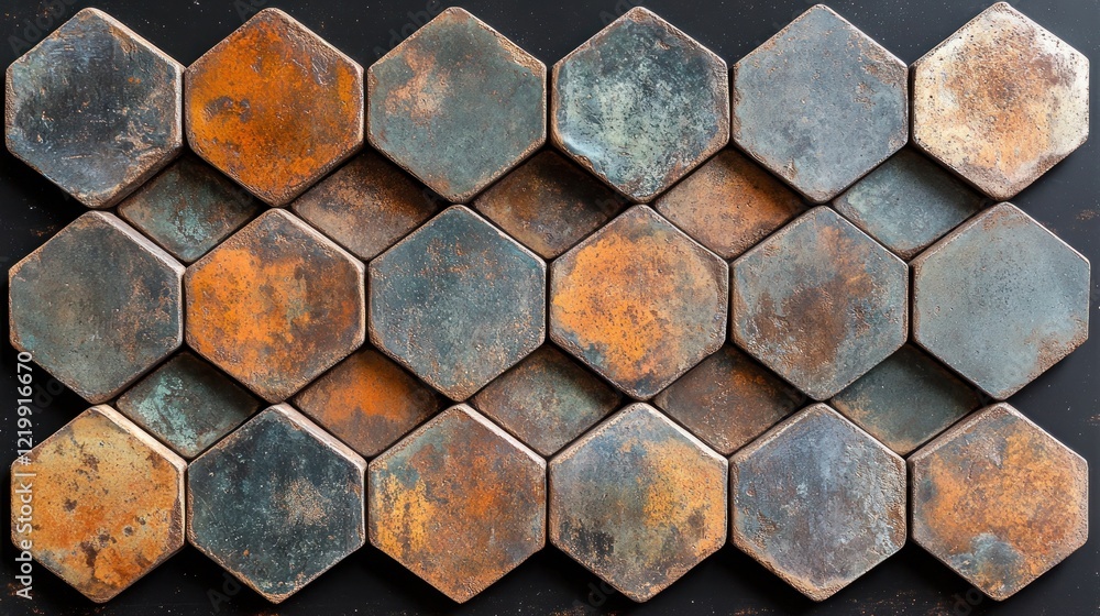 Poster a hexagonal pattern of metallic tiles with a rustic, weathered finish.