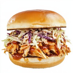 A savory pulled chicken BBQ sandwich with coleslaw, isolated white background, pop art style