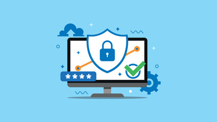 Data protection, internet security, antivirus protection on display computer. Flat design vector illustration. Can used for presentation, background, banner. etc