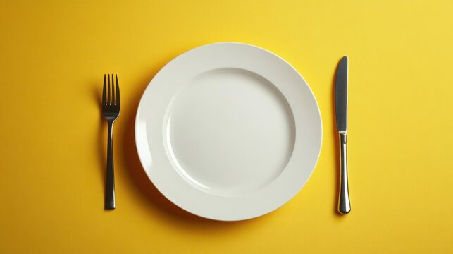 Minimalist still life with white plate fork and knife on vibrant yellow background with natural lighting top down composition and ample copy space