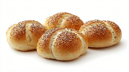 Four fresh poppy seed bread rolls on white background, for food, breakfast, lunch