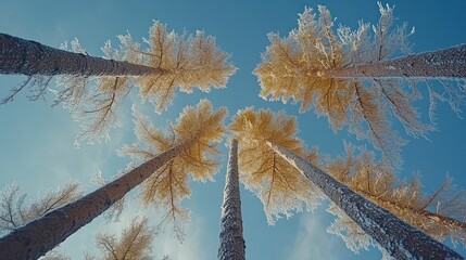 A low angle view of tall, snow-covered pine trees reaching for the clear blue sky.