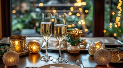 Fototapeta premium Elegant New Year Celebration Table Setting with Sparkling Champagne and Golden Decor