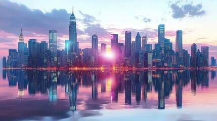 Fototapeta premium Futuristic City Skyline at Dusk with Neon Lights and Calm Waters Reflecting Modern Skyscrapers