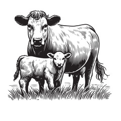 Cow and calf line art illustration