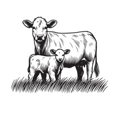 Cow and calf line art illustration