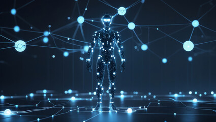 Digital Human Figure Connected by Glowing Blue Neural Networks
