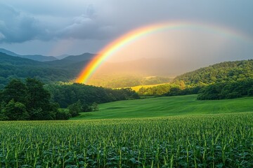 Naklejka premium Contrast of cloudy sky and bright rainbow. Generative AI