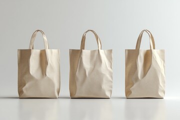 Three beige reusable canvas shopping bags standing on white background