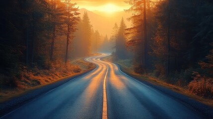 Fototapeta premium Winding Road Through Dense Forest at Sunrise with Golden Light and Photorealistic Details