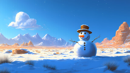 Obraz premium Snowman in snowy desert with mountains in background. Desert Frost. Illustration