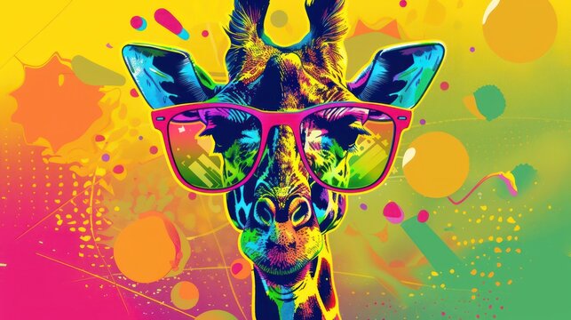  A funny animated poster of a giraffe with oversized glasses, goofy grin, and an exaggerated neck, set against a pastel rainbow with playful patterns.