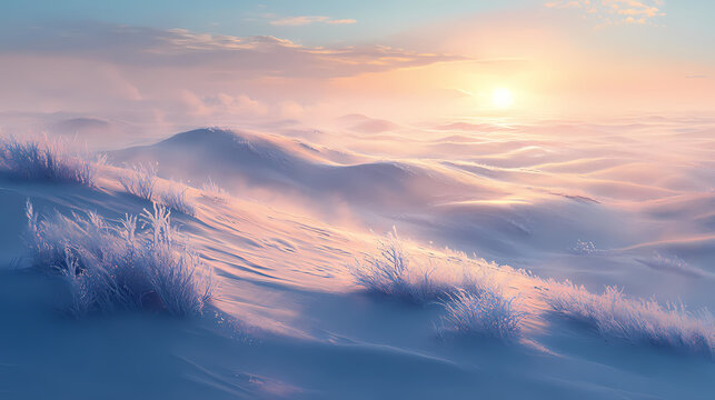 Soft curves of frosted dunes shimmer under a warm morning light evoking peace and serenity. Desert Frost. Illustration