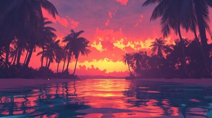 Obraz premium Vibrant sunset over tropical beach with palm trees and calm water.