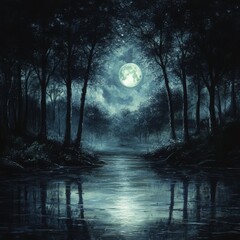 Fototapeta premium Moonlit forest river scene at night, reflecting moonlight on calm water.