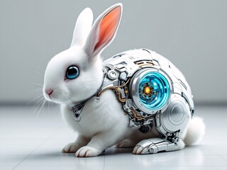 Cyborg rabbit with mechanical parts, glowing blue eye, white fur, futuristic design.