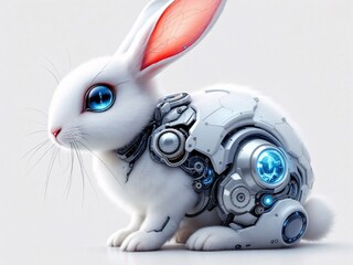 Cyborg rabbit with mechanical parts, glowing blue eye, white fur, futuristic design.