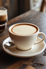 A cup of coffee with creamy foam, resting on a wooden table, inviting for a warm drink.
