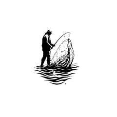 Fisherman with Net in Water Minimal Logo Design
