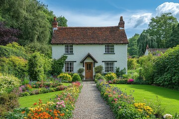 Charming english cottage with lush garden and stone pathway