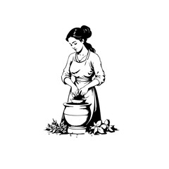 Obraz premium Woman Grinding Herbs in Mortar Minimal Logo Design