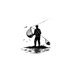Fototapeta premium Fisherman with Net Minimal Logo Design