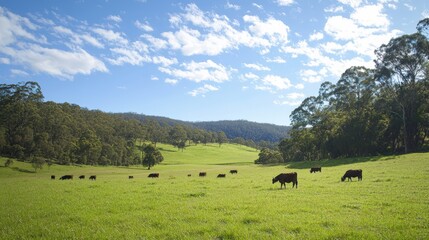 Fototapeta premium A herd of cows are grazing in a lush green field