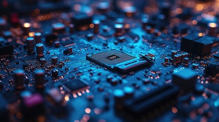 Close-up CPU, Circuit Board, Technology, Blue Light,  Background Blur,  Tech Innovation