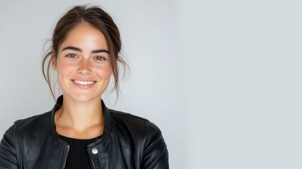 Fototapeta premium Australian happy woman wearing black leather jacket smiling isolated on white background