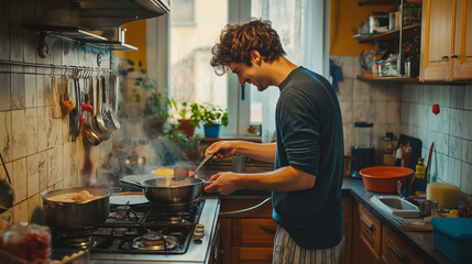 キッチンに立つ家庭的な男性：紳士な料理男子の自炊調理と笑顔の写真
