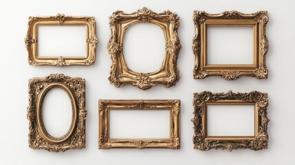 Golden ornate frames hanging on white wall, creating elegant and luxurious ambiance