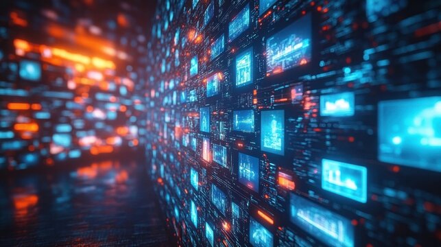 Digital Content Streaming in a Futuristic Cyberpunk Landscape with Neon Lights and Media Screens
