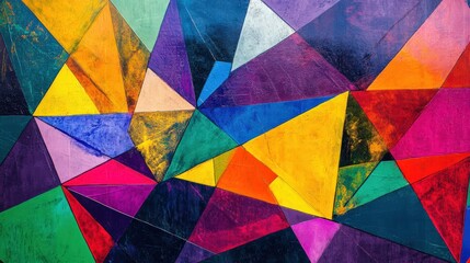 A colorful abstract painting with many different colored triangles