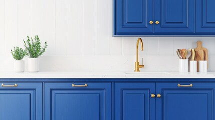 A blue kitchen with a sink and a faucet