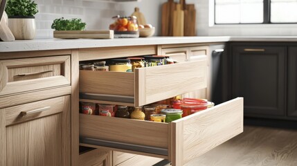A kitchen with a wooden drawer full of food