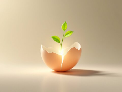 Cracked egg with a plant sprouting from it.